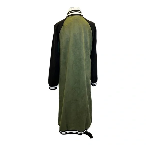 SoNo Chic Varsity Faux Suede Green Maxi Front Snap Jacket - Picture 4 of 14